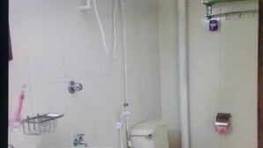 Une salle de bain avec des toilettes, un lavabo et une douche.