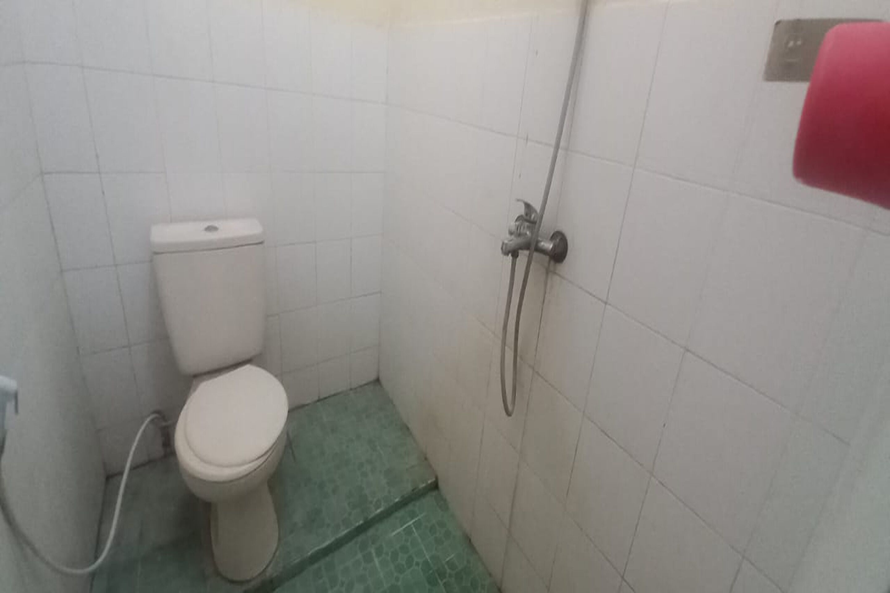 A small, compact bathroom with a toilet, a shower, and a tiled floor.