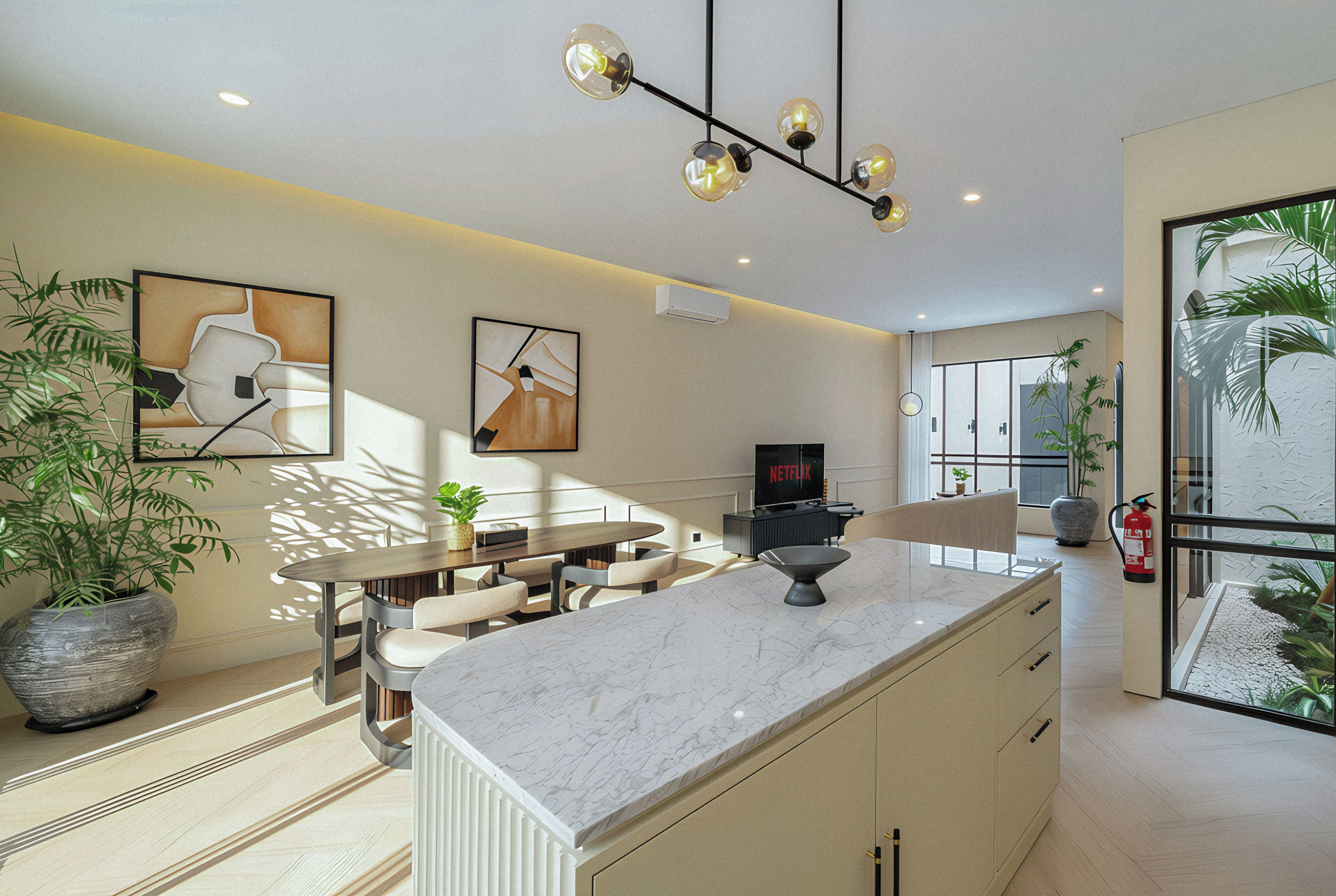 A modern kitchen with a marble countertop, a dining area with a wooden table and chairs, and a large potted plant.