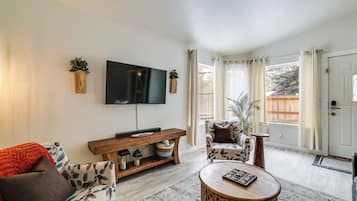 TV, lareira, mesa de pingue-pongue, livros