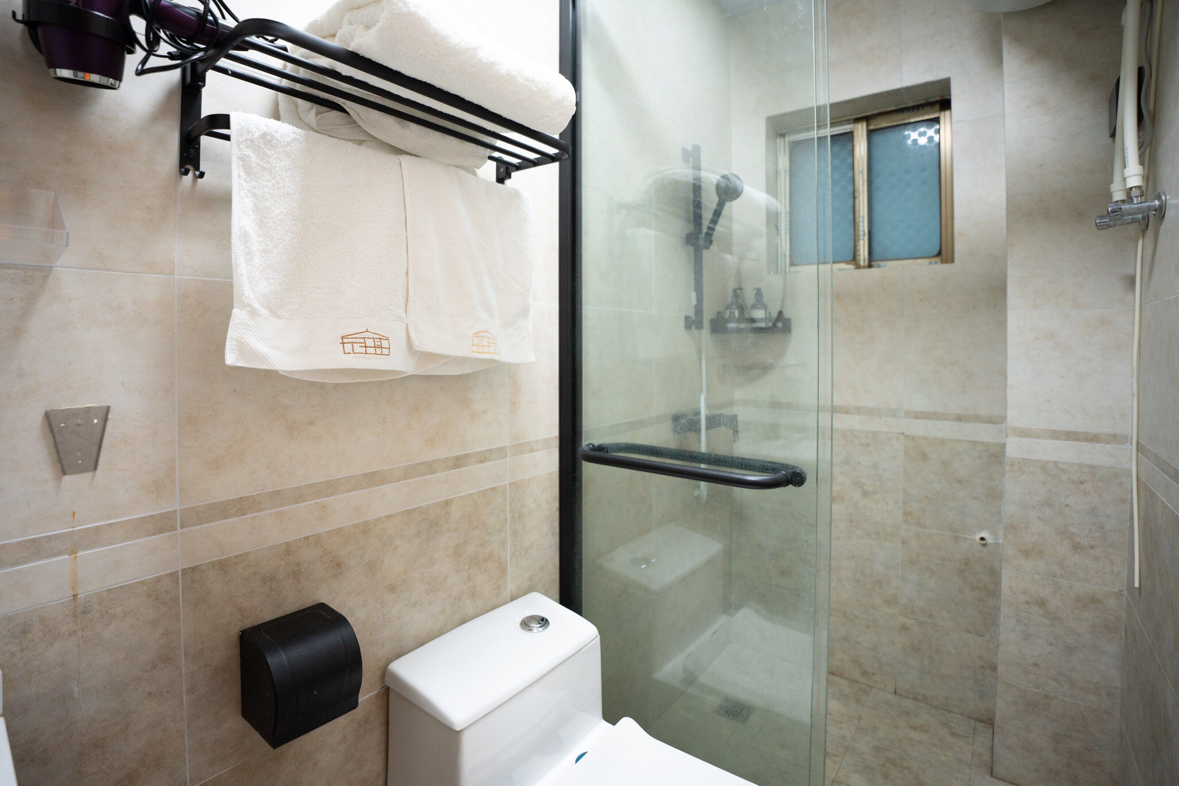 Un baño con cabina de ducha de vidrio, inodoro y toallero con dos toallas.