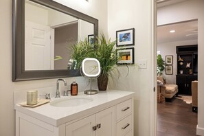 A bathroom with a large mirror, a sink, a potted plant, and framed pictures on the wall. - Walk to Historic Georgetown Square: Texas Getaway! (Georgetown)