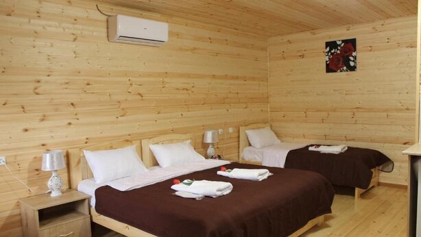 A wooden cabin room with two beds, a nightstand, an air conditioning unit, and a wall-mounted artwork. - GREEN VILLA TSKALTUBO (Tsqaltubo)