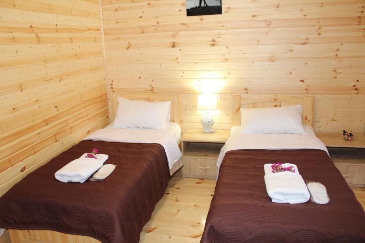 A wooden cabin room with two beds, each with a brown bedspread and white pillows.