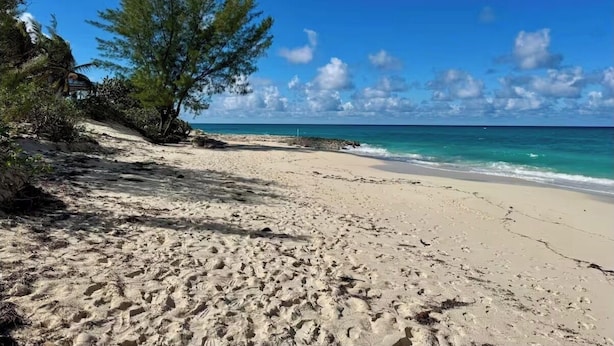 Una spiaggia sabbiosa con impronte, un cielo azzurro limpido e un mare calmo.