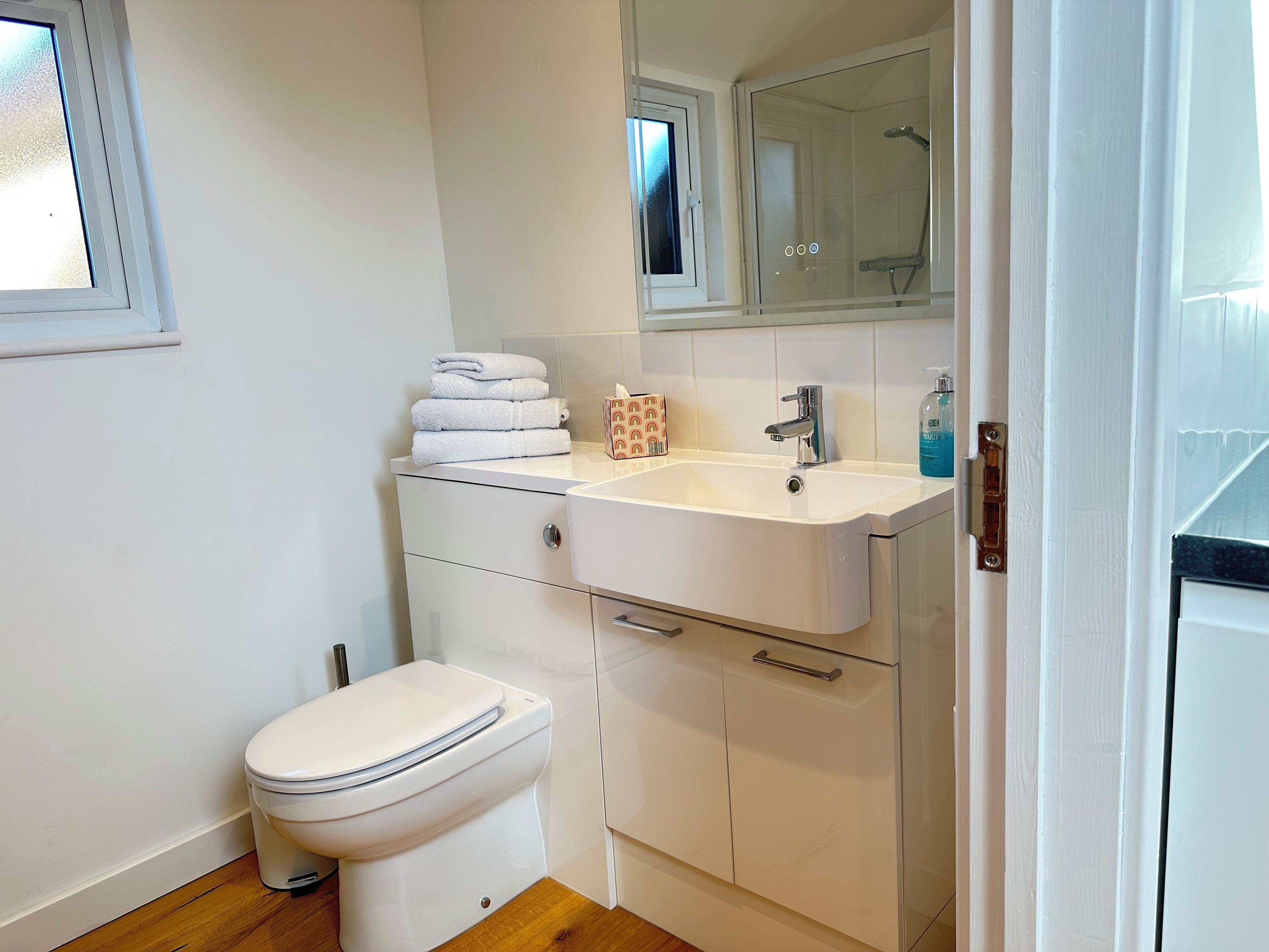 Shower, hair dryer, towels, toilet paper