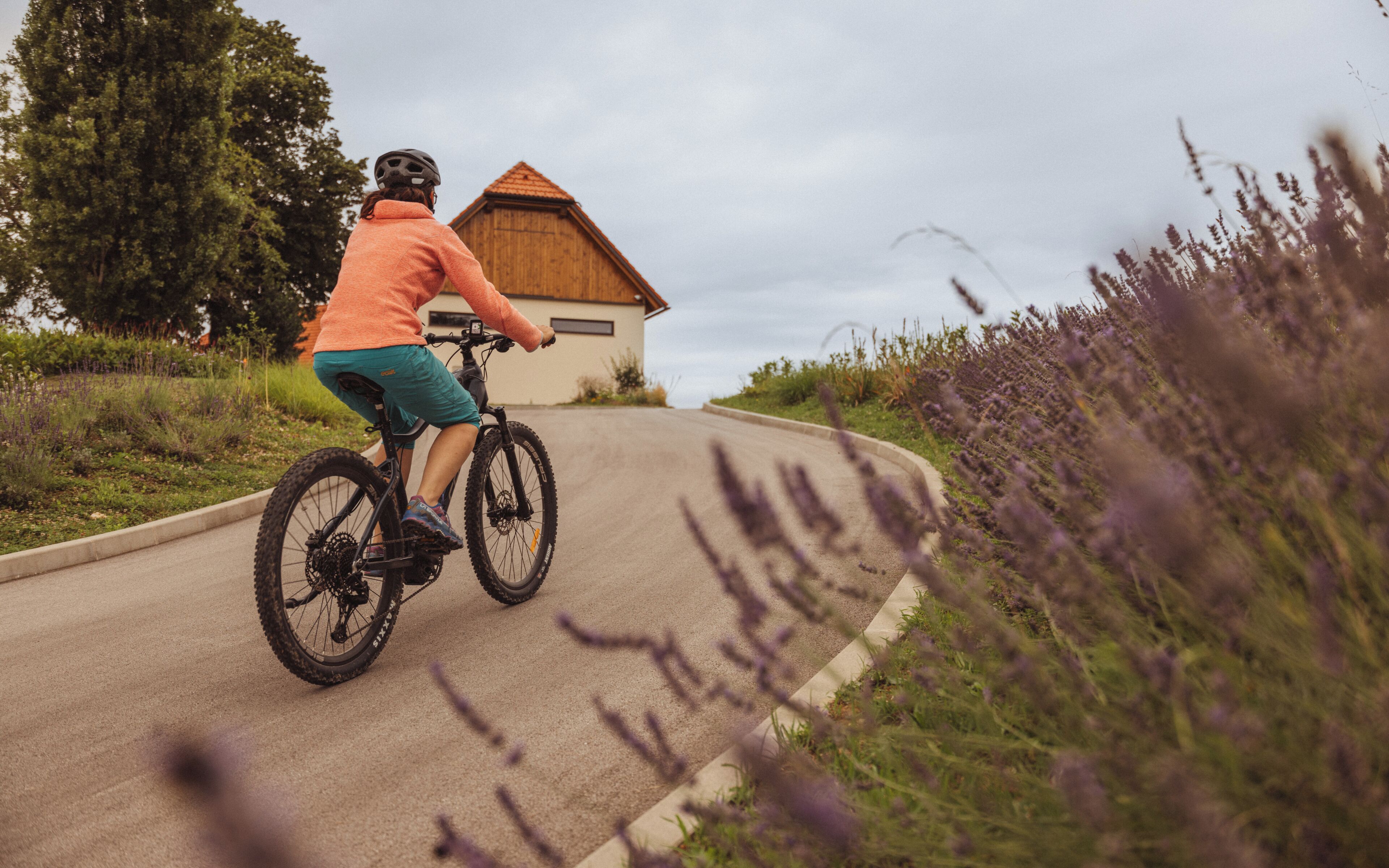 A person riding a bicycle on a paved road with a house in the background.