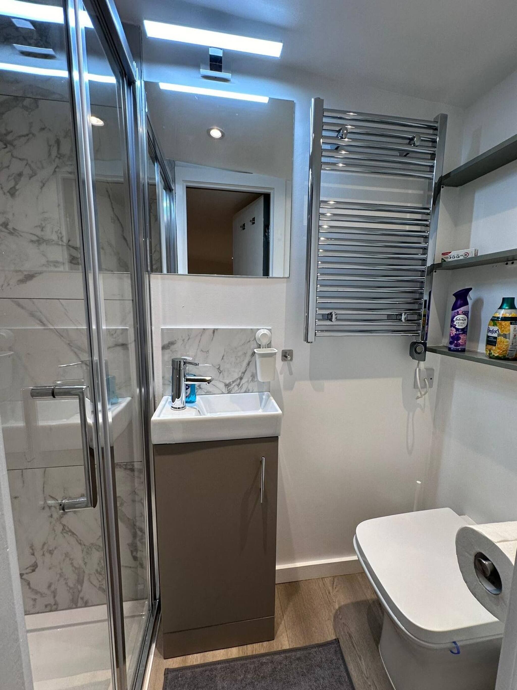 Shower, hair dryer, towels