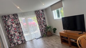 Une pièce avec un meuble de rangement en bois, un téléviseur, une plante et une vue sur une voiture rouge, visible à travers des rideaux transparents.