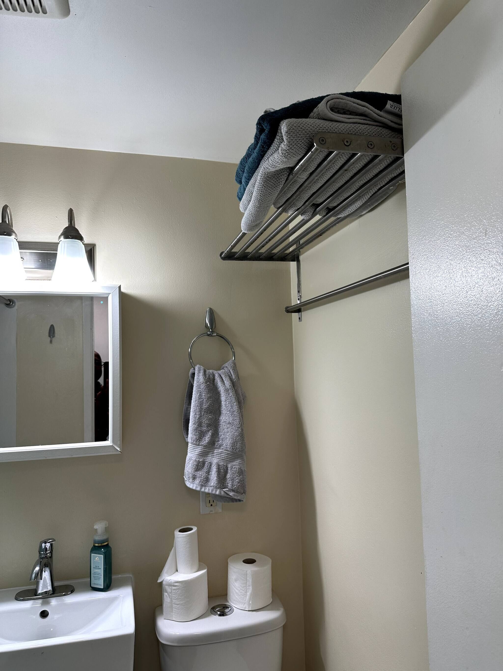 A bathroom with a sink, mirror, towel rack, and toilet paper.