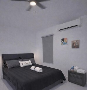 1 dormitorio, tabla de planchar con plancha, ropa de cama