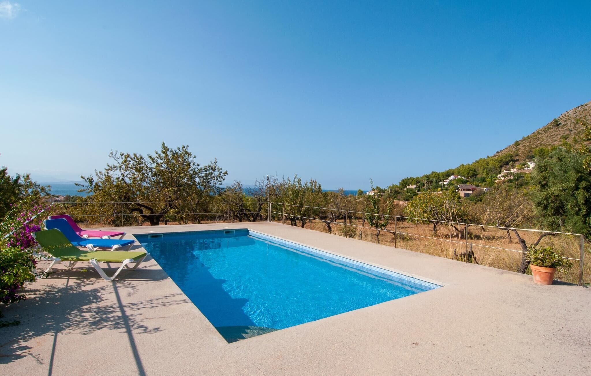 Una piscina rectangular amb superfície d'aigua blava i clara, envoltada per un sòl de formigó.