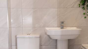 Hair dryer, towels, soap, toilet paper