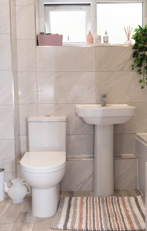 Secadora de cabello, toallas, jabón, papel de baño 