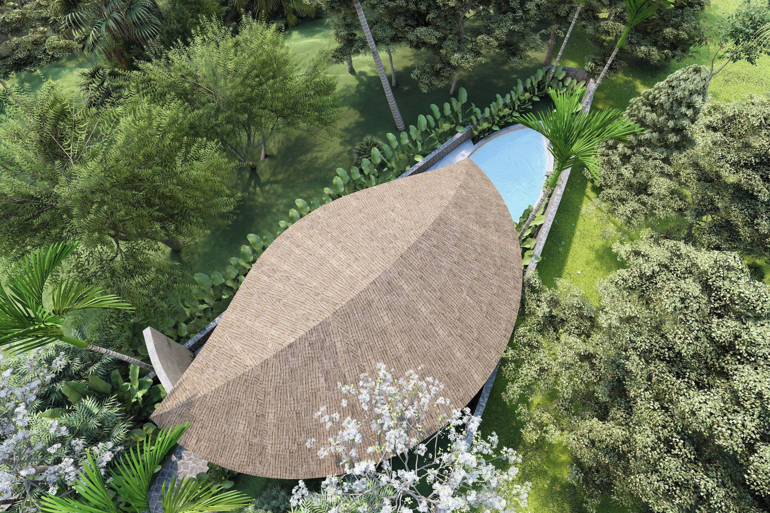 Une vue aérienne d’un complexe hôtelier doté d’une grande piscine, d’une végétation luxuriante et d’une structure de toit incurvée remarquable.