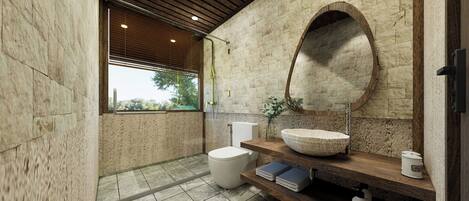 Une salle de bain moderne avec un mur en pierre, un plafond en bois et un grand miroir.