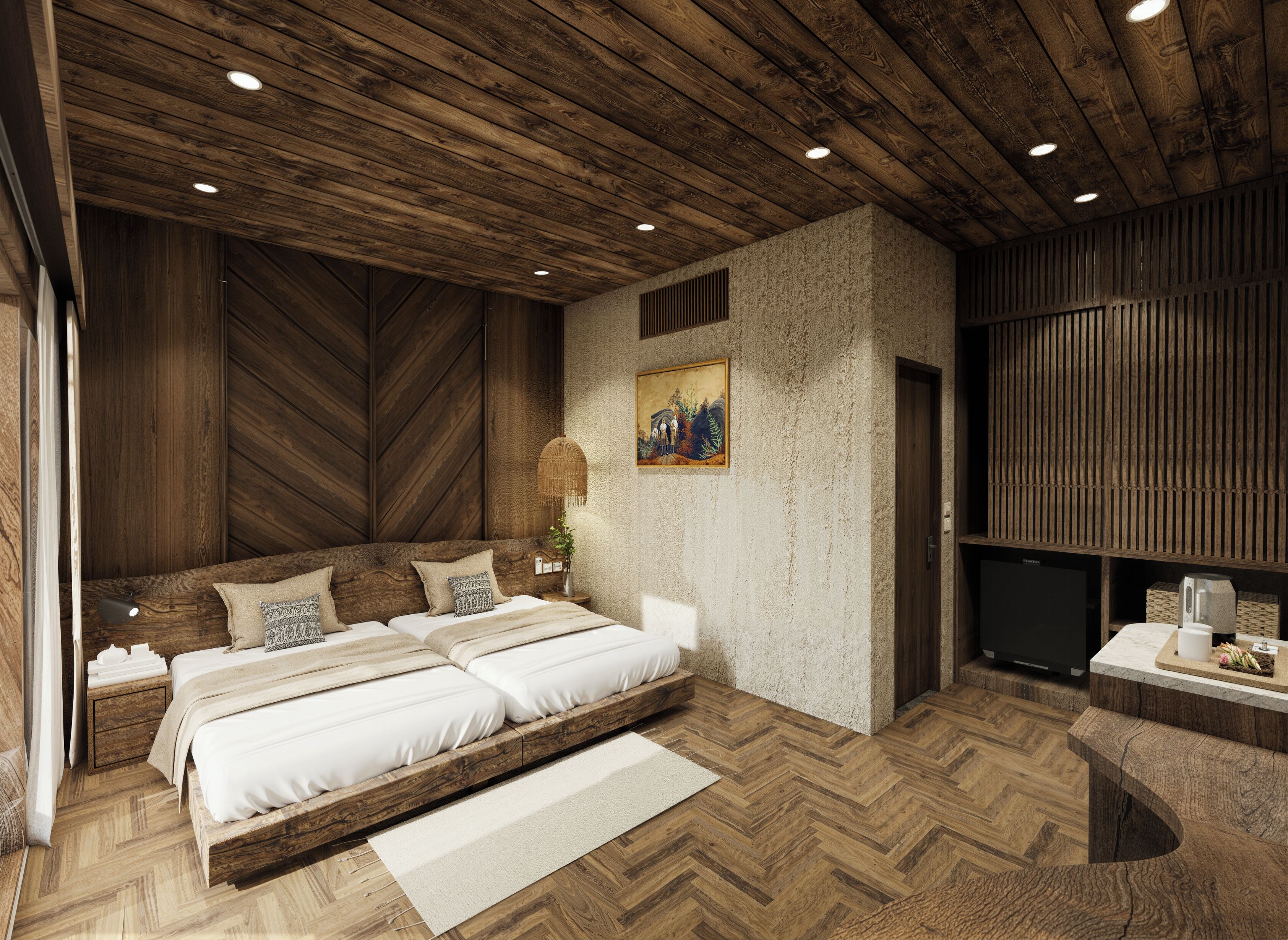 A bedroom with a large bed, wooden ceiling, and a stone wall.