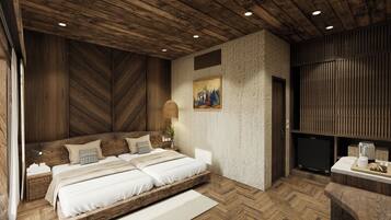 A bedroom with a large bed, wooden ceiling, and a stone wall.
