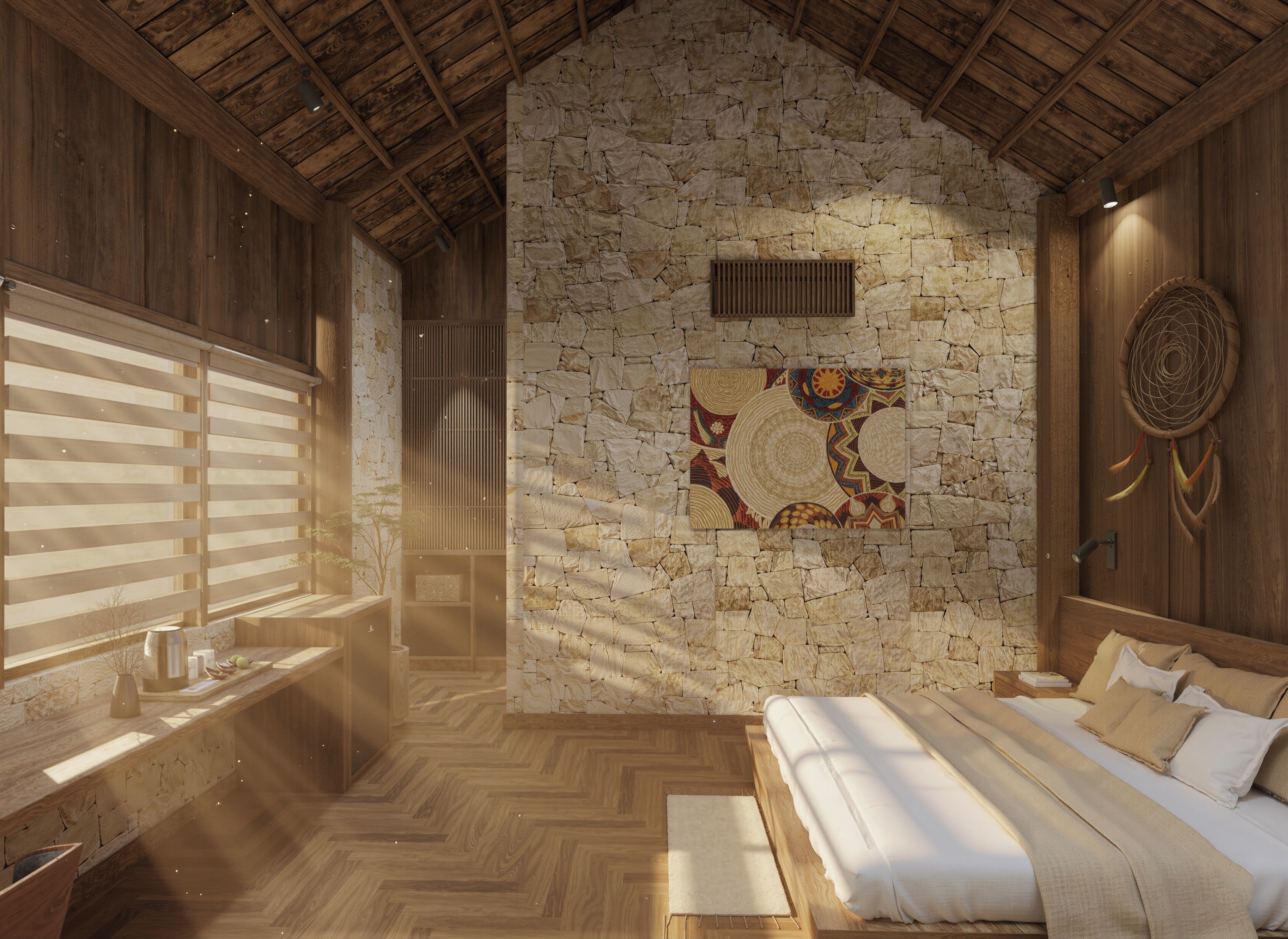 A rustic bedroom with a stone wall, wooden ceiling, and a bed with white linens.