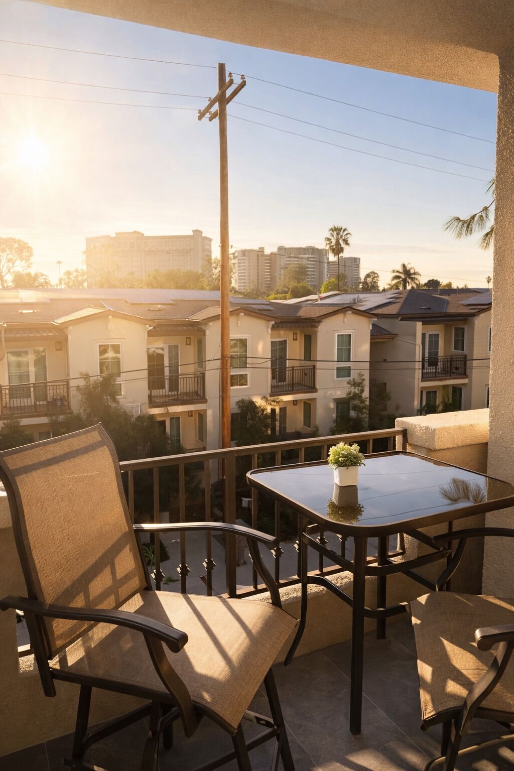 Ein Balkon mit Tisch und Stühlen, der auf einen Wohnbereich mit mehrstöckigen Gebäuden und Palmen blickt.