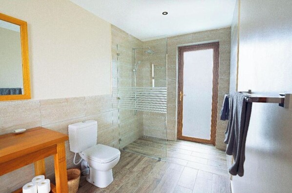 Un baño moderno con inodoro, ducha y tocador de madera.