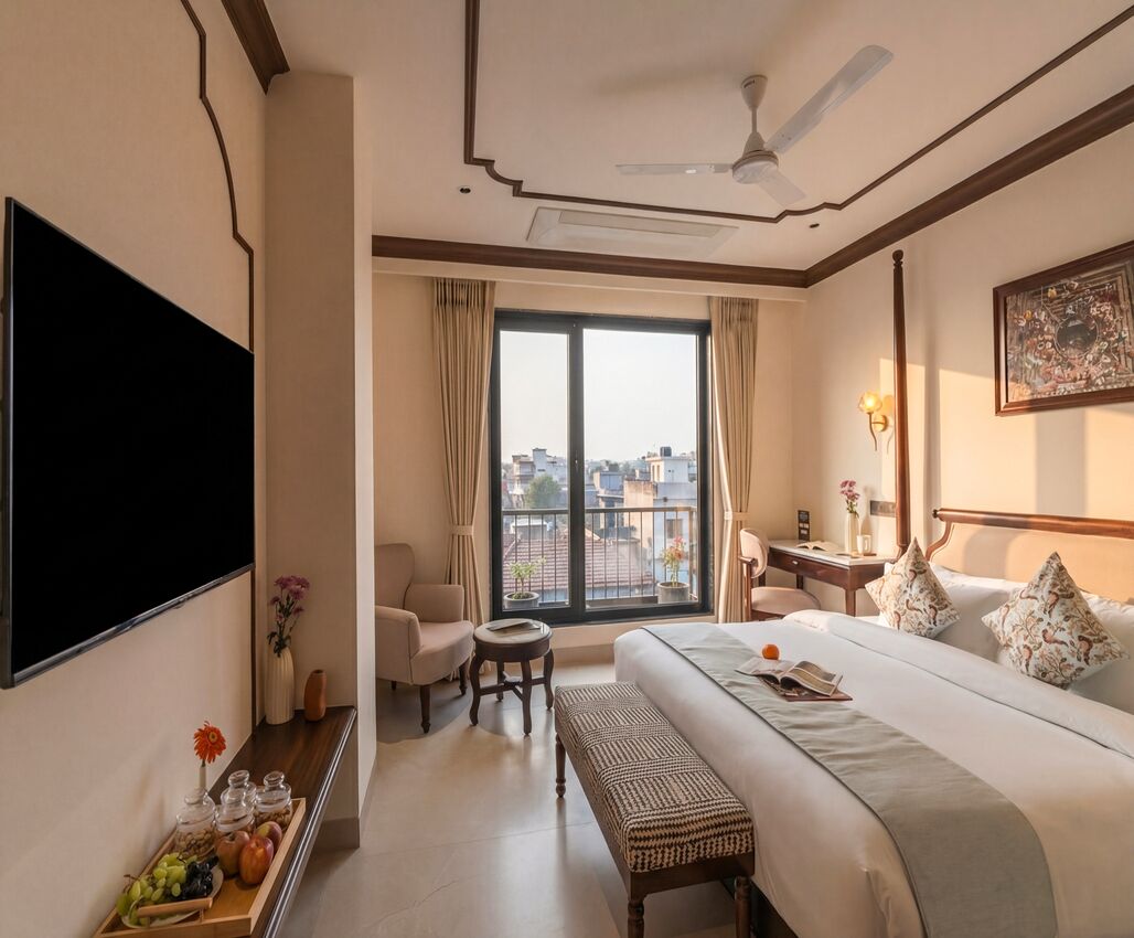 A hotel room with a large bed, a desk, a chair, a TV, a balcony with a view, and a ceiling fan.