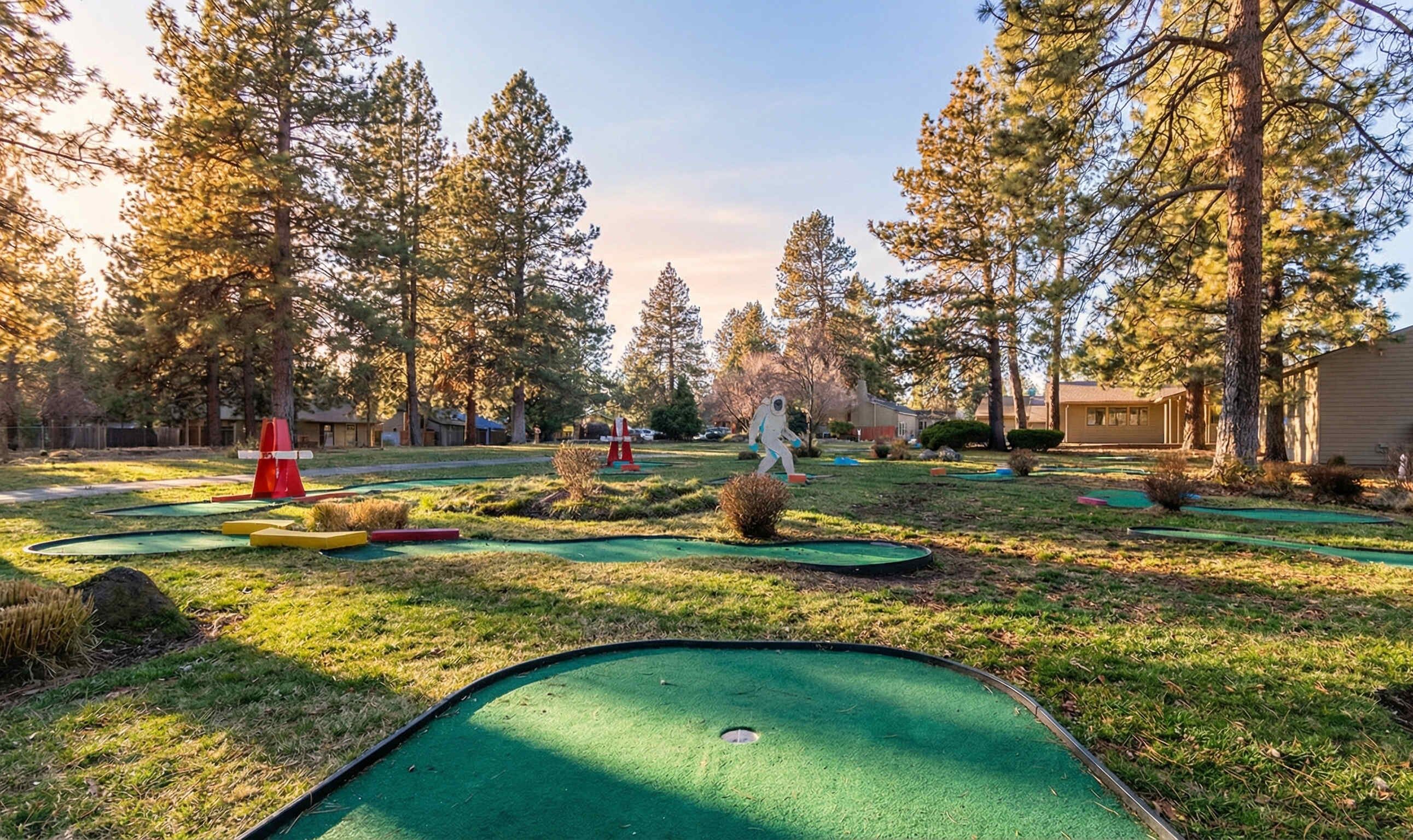 A miniature golf course with multiple holes, surrounded by tall trees and a building in the background.