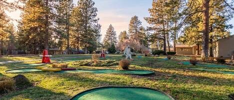 A miniature golf course with multiple holes, surrounded by tall trees and a building in the background.