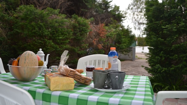 Ett bord dukat utomhus med en grön- och vitrutig duk, med en skål med frukt, ett bröd, en flaska juice och flera muggar på.