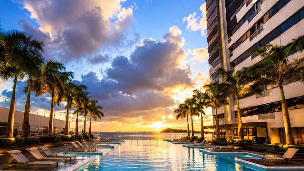 A swimming pool with lounge chairs, palm trees, and a building with multiple floors. - EXCLUSIVE APARTMENT IN PUERTO SANTA ANA |TOURISM AND TELEWORKING |WIFI + PARKING (Guayaquil)