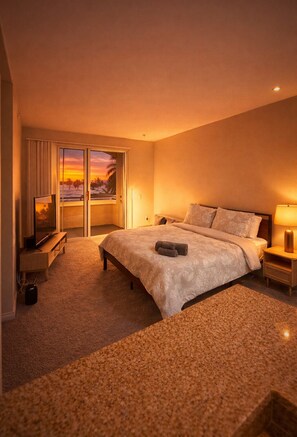 A hotel room with a large bed, a TV, a bedside table, and a view of a sunset through the window. - 1 Bedroom 1 Bathroom Marina Del Rey Unit (Marina del Rey)