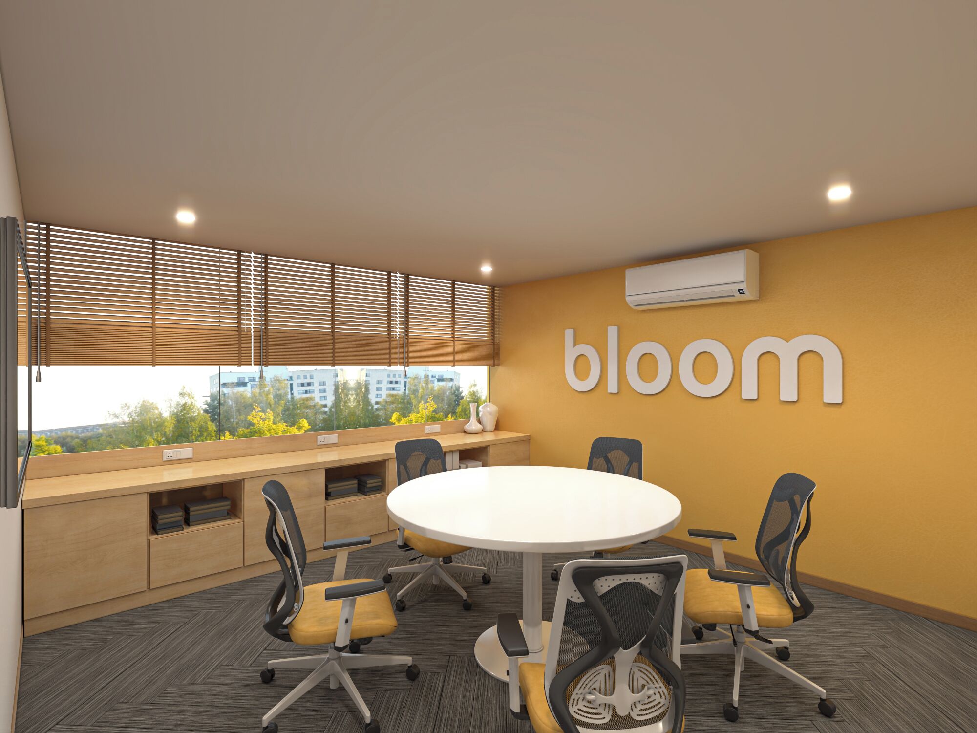 A conference room with a round table, four chairs, a large window with blinds, and a wall-mounted air conditioning unit.