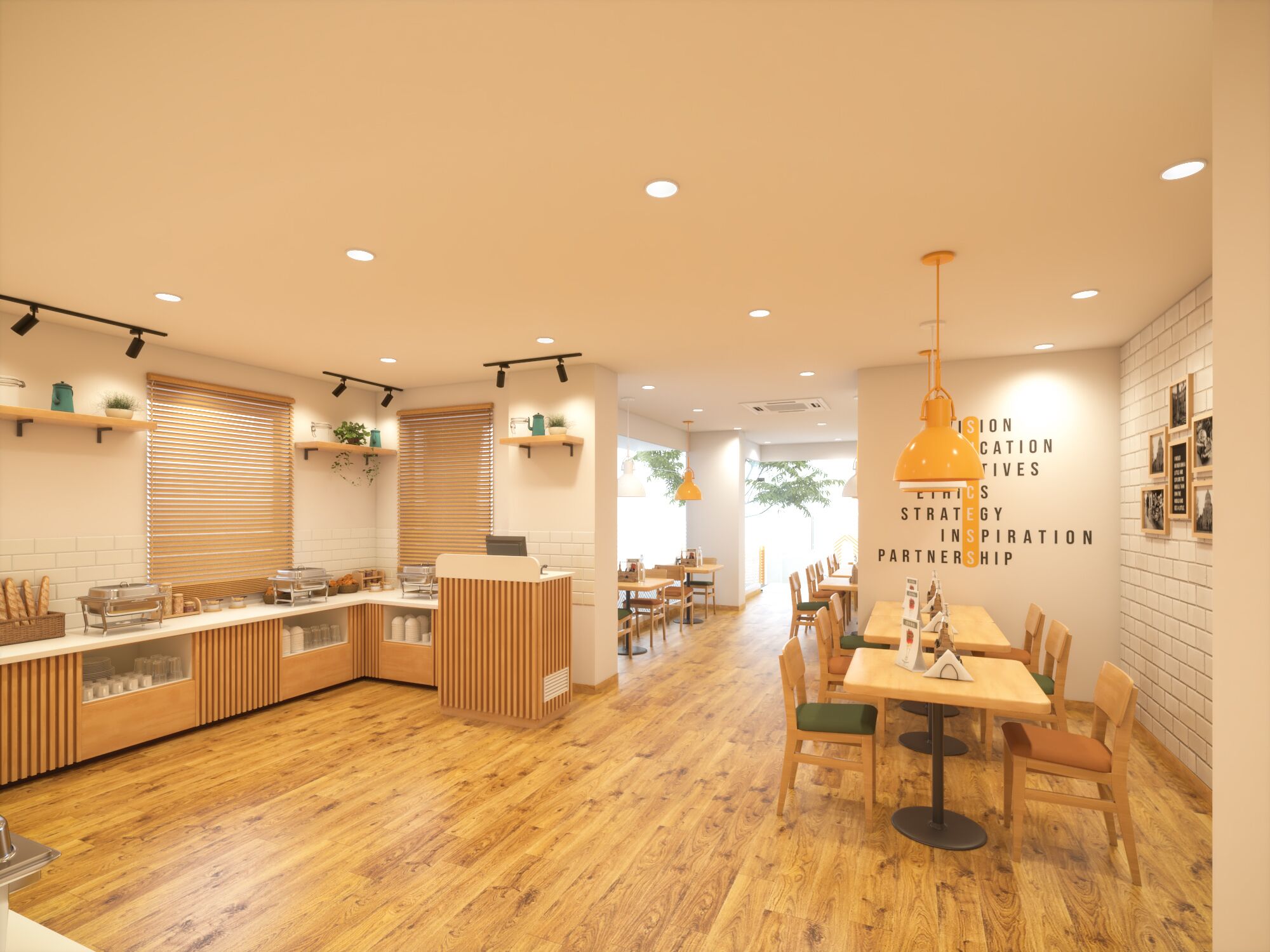 Een modern café met houten vloeren, een centraal gelegen balie en tafels met stoelen.