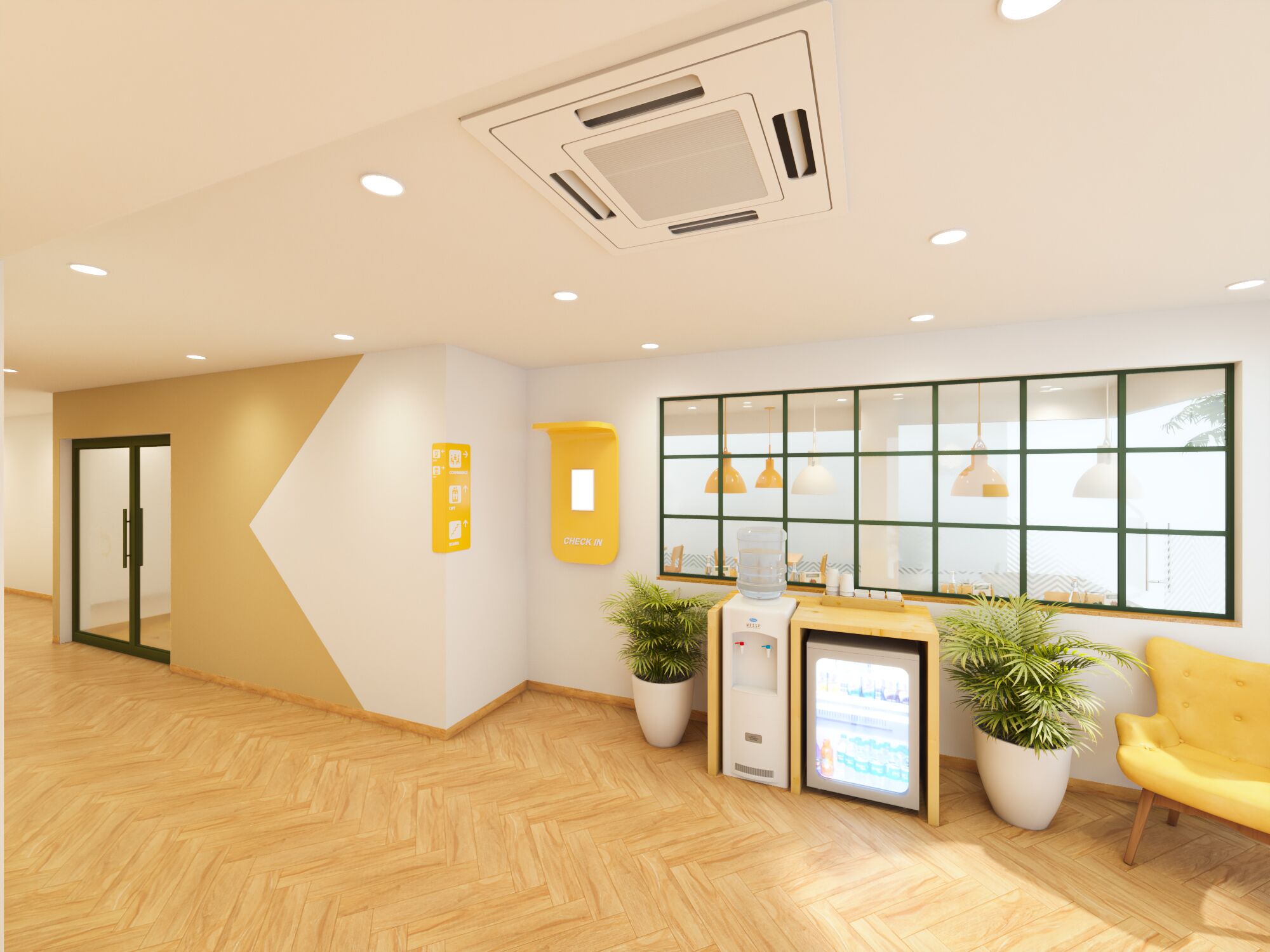 Un'area reception con banco accettazione, distributore d'acqua e piante in vaso.