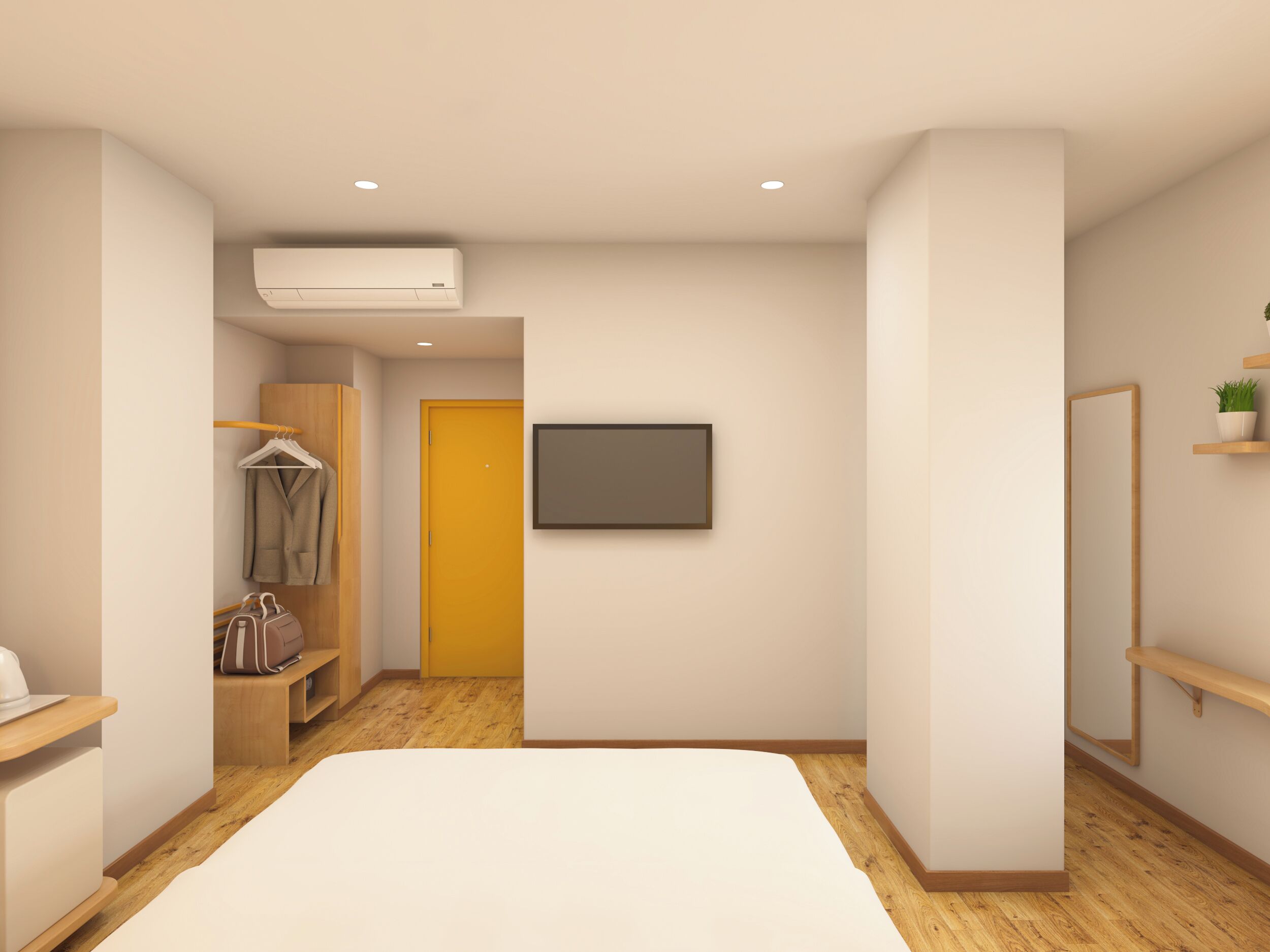 Una habitación de hotel moderna con cama, armario y televisión en la pared.