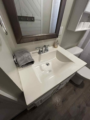 Een haardroger, handdoeken, shampoo, toiletpapier