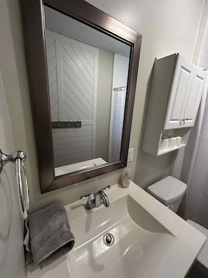 Een haardroger, handdoeken, shampoo, toiletpapier