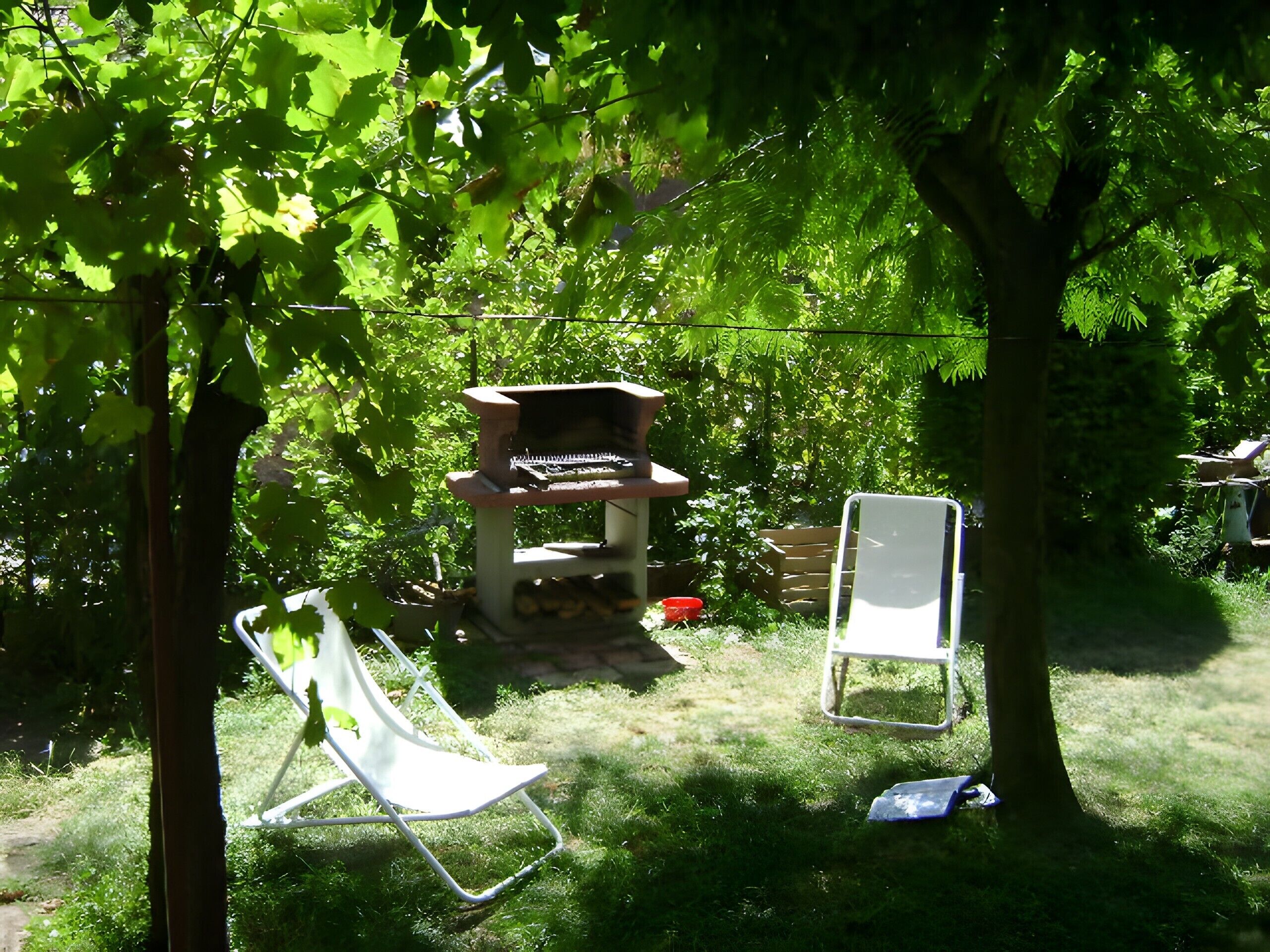 Un jardin avec un barbecue, deux chaises de jardin et un arbre.