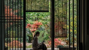 A room with a sliding door leading to a garden with a person sitting on a bench. - Fanjingshan Ansu Homestay (Tongren)