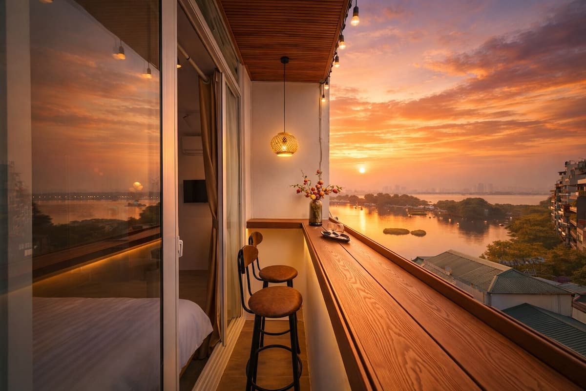 Un balcon doté d’un plancher en bois, d’un luminaire suspendu et d’une chaise.