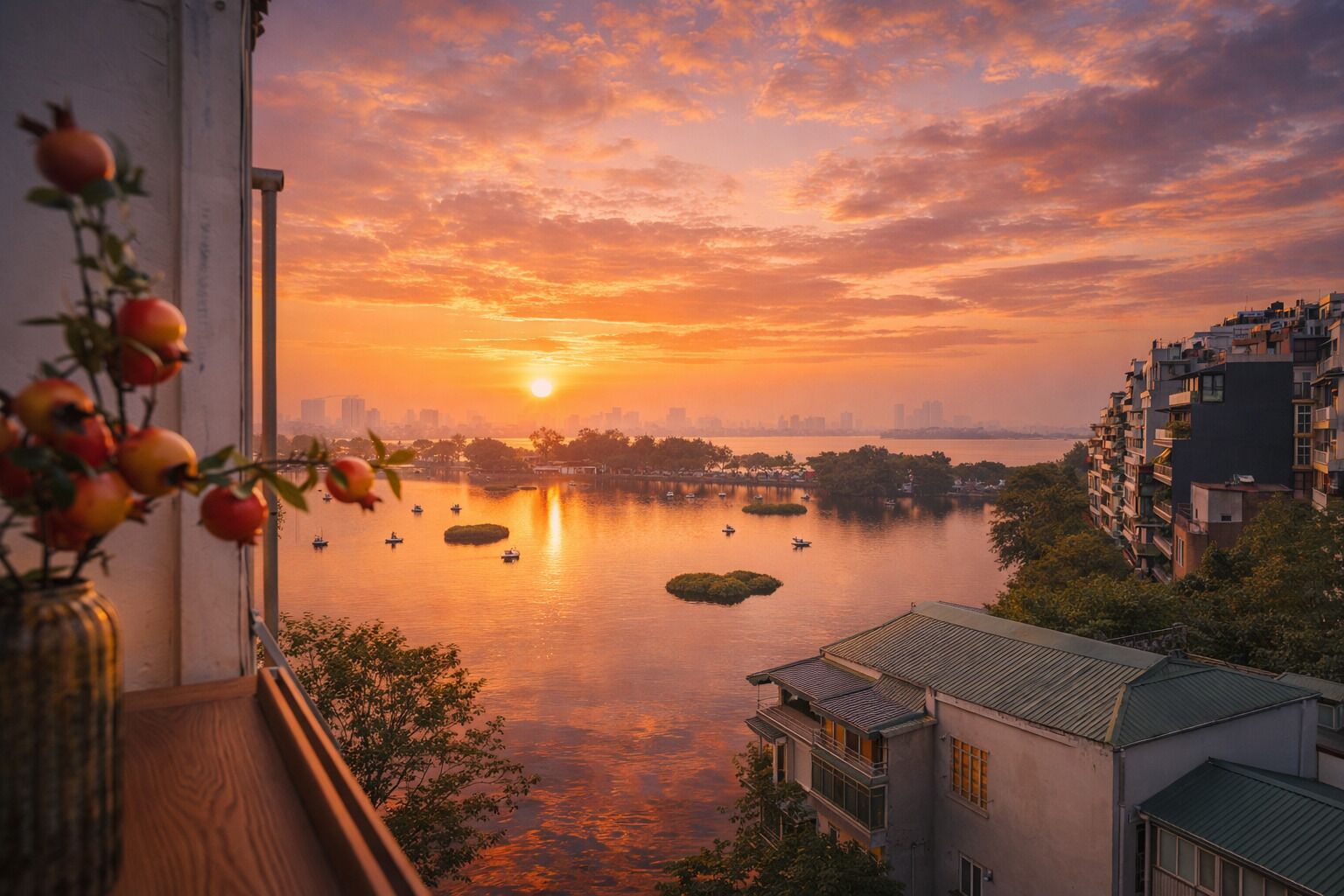 A sunset view from a window overlooking a calm river with boats, surrounded by residential buildings.