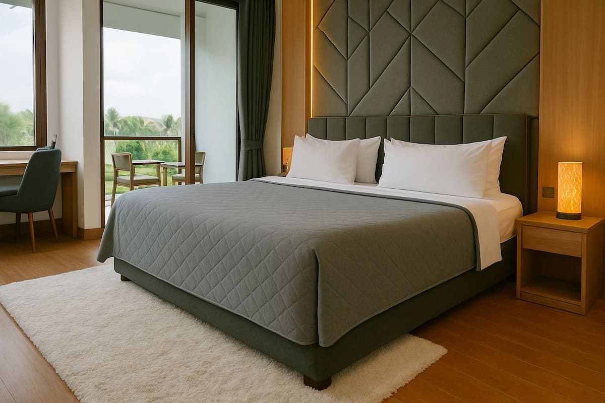 A modern hotel room with a large bed, a desk, and a view of the outdoors.