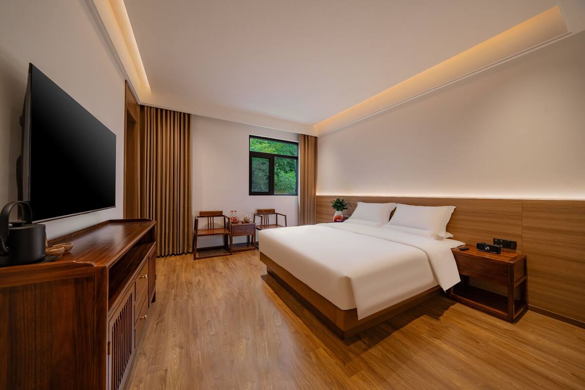 A modern hotel room with a large bed, wooden furniture, a flat-screen TV, and a window with a view of greenery.