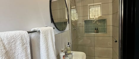 Hair dryer, towels, soap, toilet paper