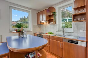 Appartement Familial, plusieurs chambres (Sunset Gold Apartment Portoroz) | Cuisine privée | Réfrigérateur, micro-ondes, four, plaque de cuisson