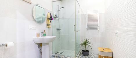 Hair dryer, towels, soap, toilet paper