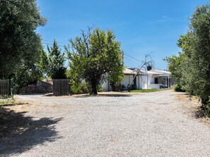 A house with a gravel driveway, a large tree in front, and a stone wall in the background. - Olea Green Studio 1, Tavira, Algarve (Querença)