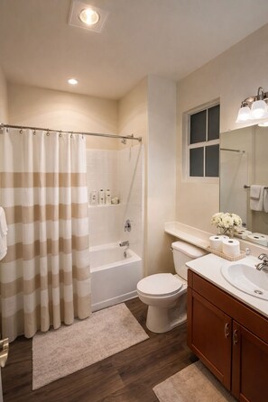 Secadora de cabello, toallas, jabón, papel de baño 