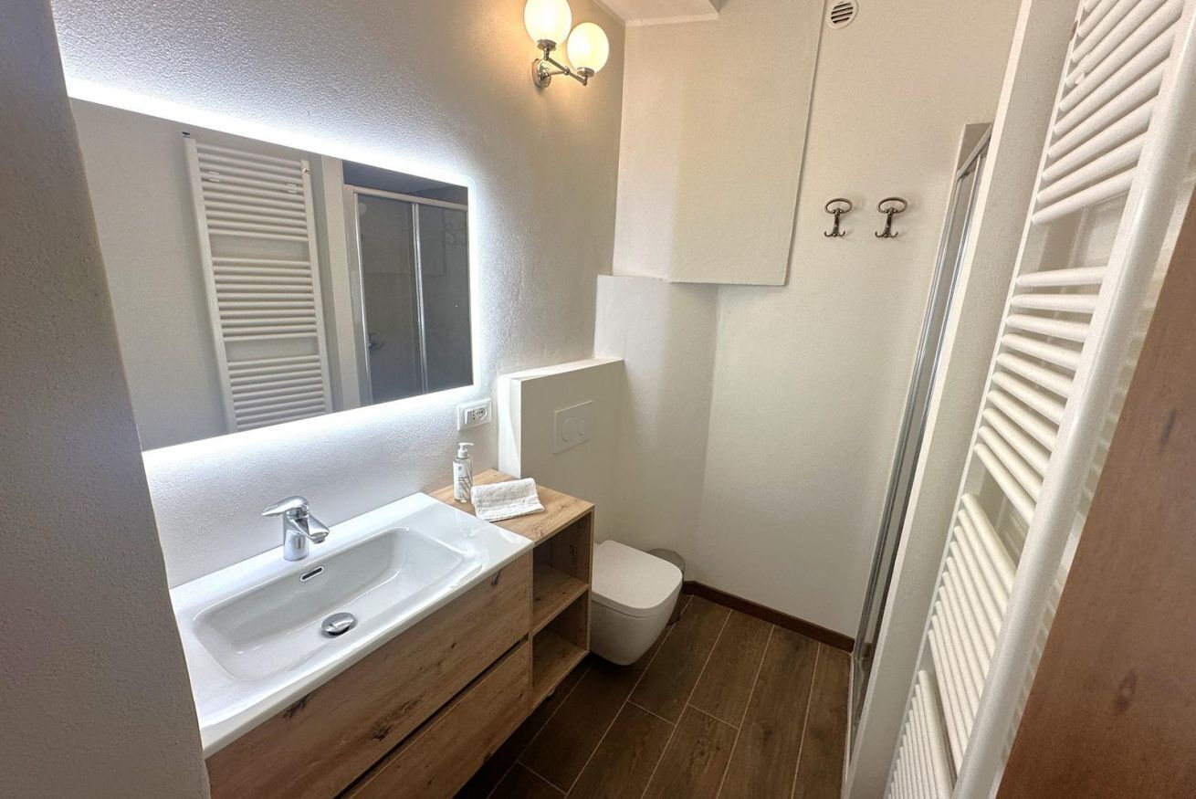 A bathroom with a sink, mirror, toilet, and shower.