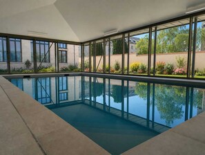 Una piscina interior con paredes de vidrio transparente, suelo de baldosas y vistas a un jardín con diversas plantas y flores.